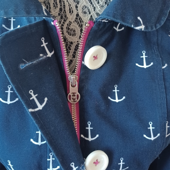 Hatley Nautical Fitted Navy Raincoat Trench Jacket with Anchor Print US 4 - Picture 3 of 12